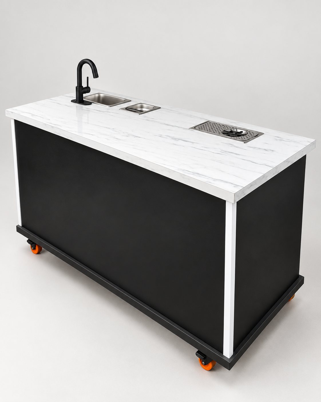 Finished cart countertop with hand sink, faucet, utility well and cup rinser