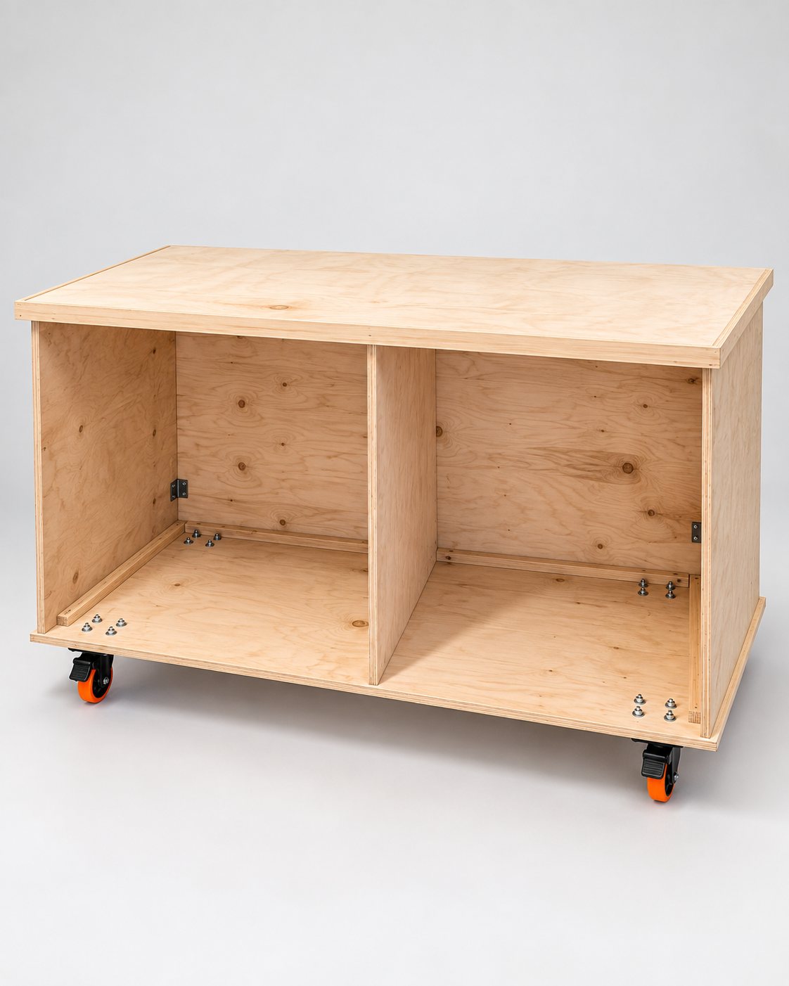 Raw birch plywood cart shell on locking casters with center divider
