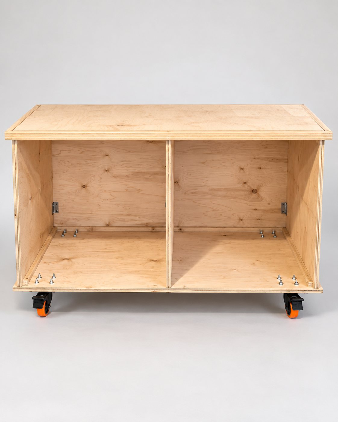 Bare plywood build, front view showing two storage bays